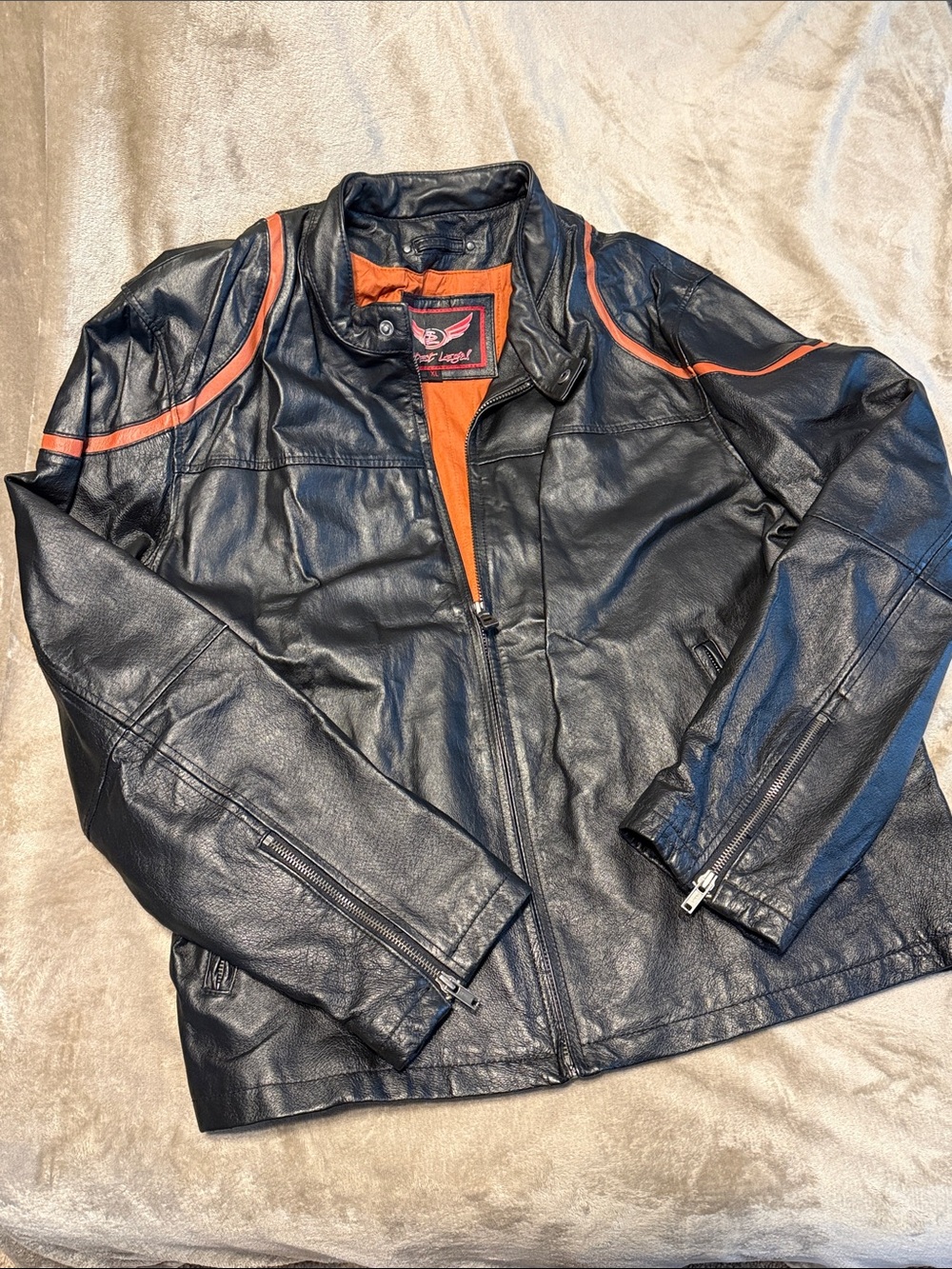 Street legal Men's XL Black Leather Jacket with Orange Accents